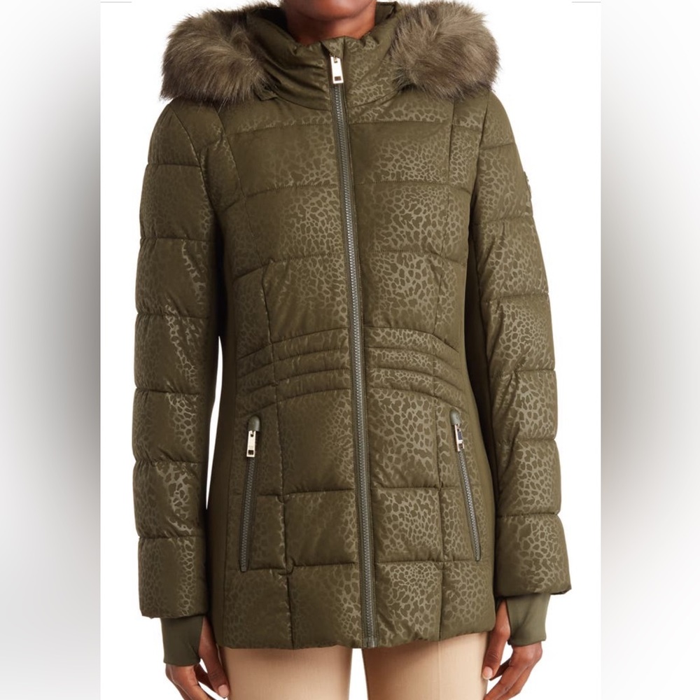 NWT Michael Kors Tonal Leopard Print Faux Fur Hood Puffer Coat Olive